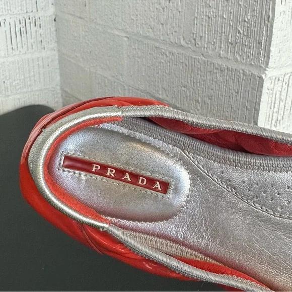 Prada Buffalo Lux Orange Silver Patent Leather Scrunch Ballet Flats Size 36 - Picture 13 of 16